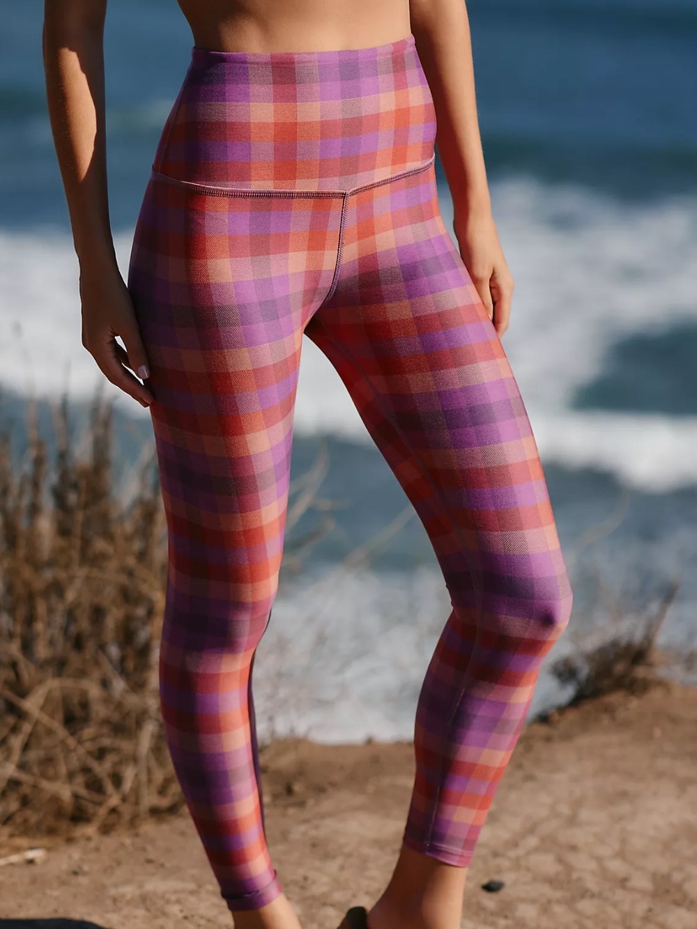 Beyond Yoga Caught In The Midi High-Waisted Leggings Pink Orange Plaid Medium